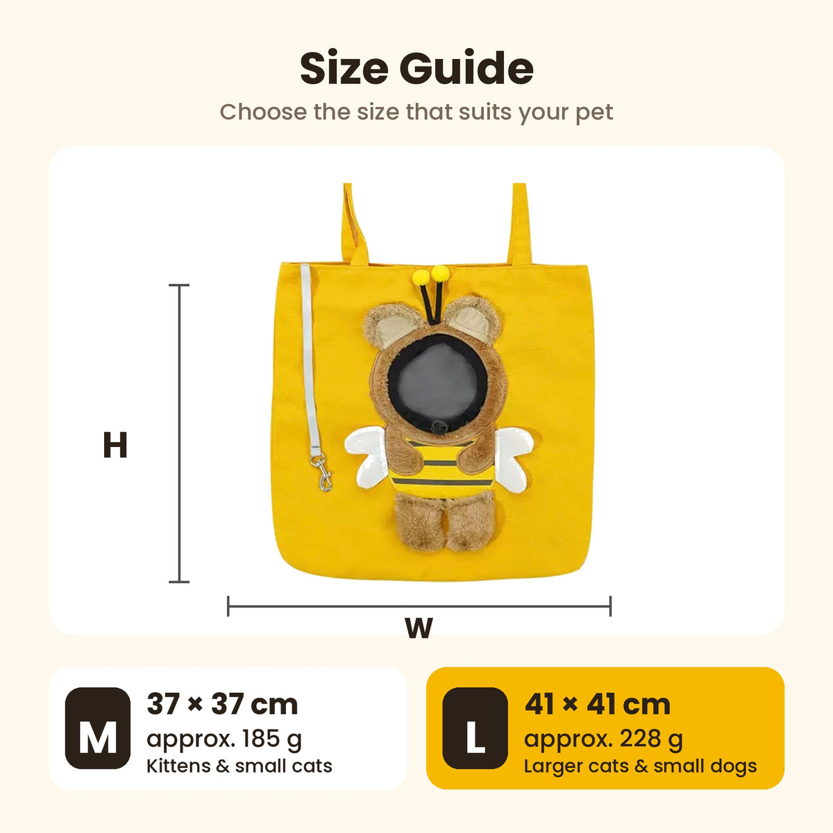 Size guide: M 37x37 cm, L 41x41 cm