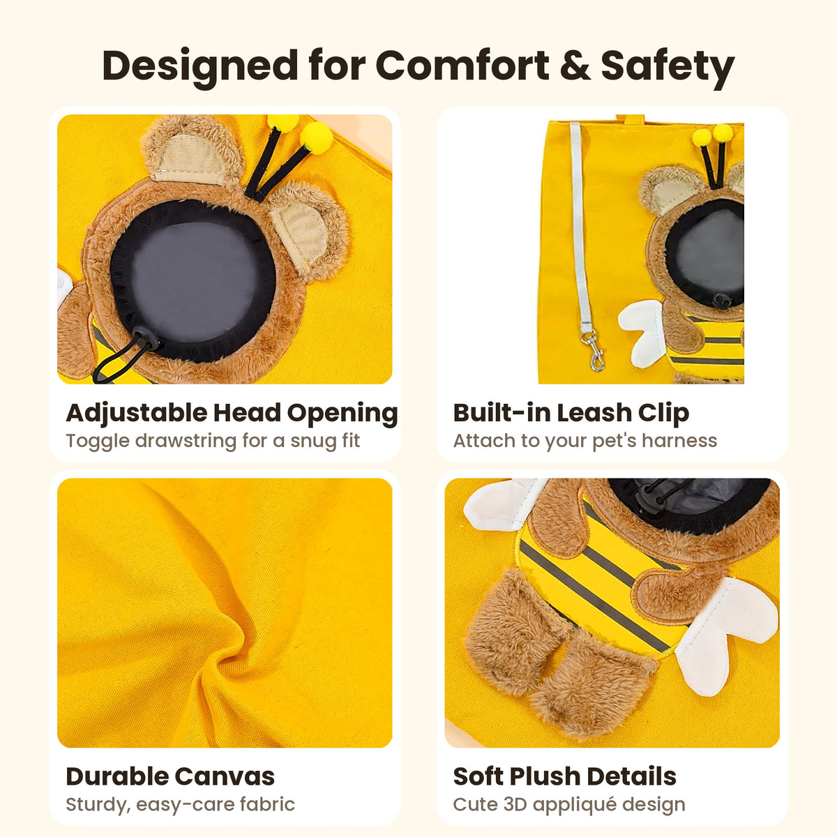 Features: adjustable head opening, leash clip, durable canvas, plush details